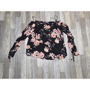 one clothing Black Floral Off-Shoulder Blouse with Pink/Peach Flowers